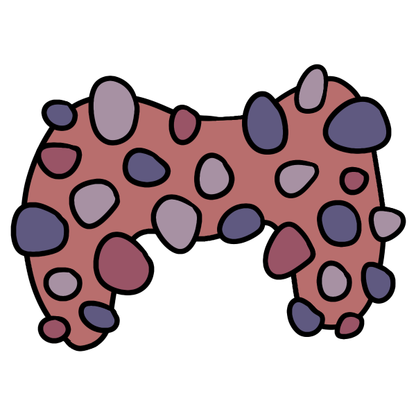 M shaped pink blob with covered in varied shade purple dots.